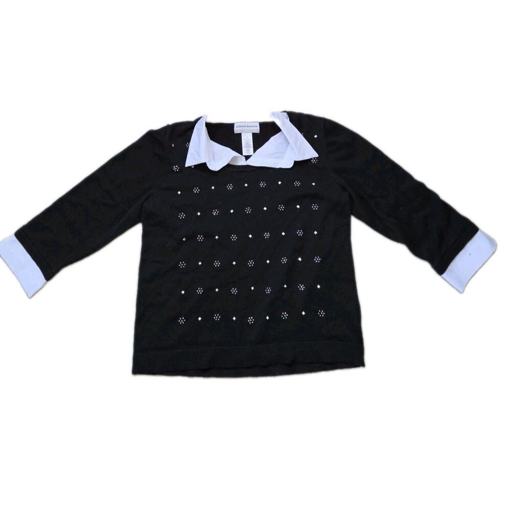 Alfred Dunner Petite Black White Layered Look Embellished Sweater Top Sz PL EUC